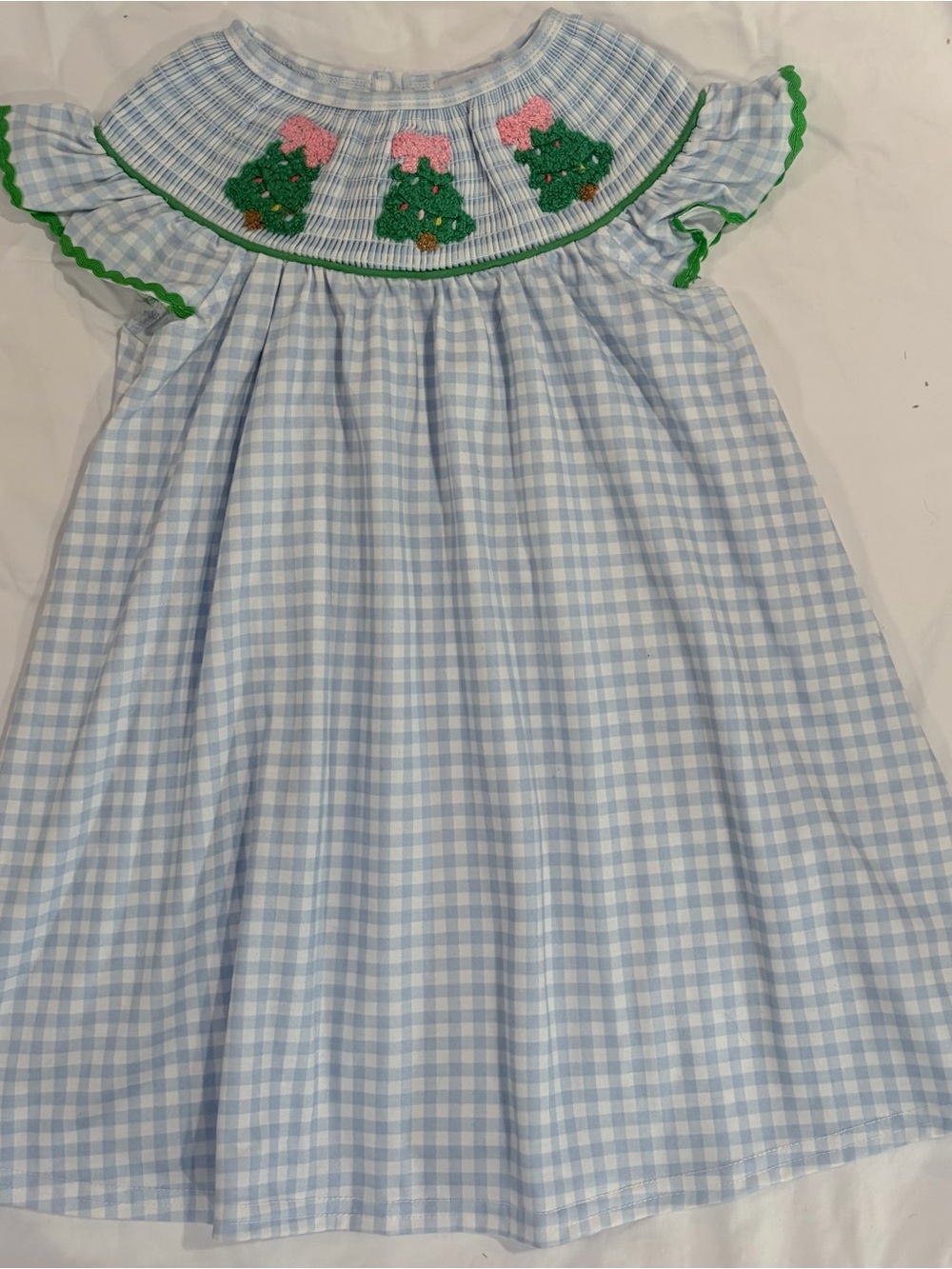 Abbie and Evie smocked & embroidered blue Gingham Christmas Trees Dress sz 2 EUC